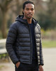 A lightweight hooded puffer jacket in black with a smooth finish and a zipper front, featuring a logo.