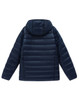 A navy blue adult's sustainable lightweight hooded puffer jacket with a quilted design and a hood.