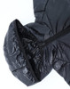 A black kids' puffer jacket featuring a lightweight design and a hood, with a visible zip closure.
