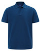 A men's short-sleeve polo in a deep navy blue, featuring a classic collar and a logo on the chest.