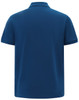 A navy blue men's classic cotton/poly pique short-sleeve polo shirt with a logo on the back.