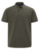 A men's classic short-sleeve polo in a deep olive green, featuring a collar and a placket with buttons. It has a logo.