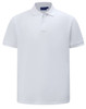 A white classic cotton/poly pique short-sleeve polo shirt with a collar and a logo.