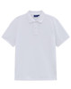 A white men's classic cotton/poly pique short-sleeve polo shirt with a collar and a logo.
