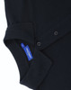 A navy blue men's classic cotton/poly pique short sleeve polo featuring a collar and button placket.