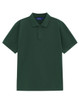 A green short-sleeve cotton/poly pique polo shirt with a collar and a logo.