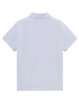 A plain white short-sleeved polo shirt with a collar and a logo.