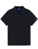 A navy polo shirt with a classic collar and short sleeves, featuring a button placket and a logo.