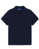 A navy blue short-sleeved polo shirt made from cotton and polyester, featuring a button-up collar and a logo.