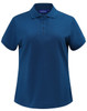 A navy blue ladies' classic cotton/poly pique short sleeve polo with a collar and a logo.