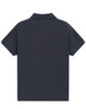 A navy blue short-sleeved polo shirt with a collar and a logo.