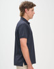 A navy men's ultrafine cotton pique polo with a side view display. The shirt features short sleeves and a raised collar.