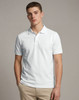 A white men's ultrafine cotton pique polo shirt displayed on a model, featuring a logo on the chest.