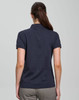 A navy ladies polo shirt made of ultrafine cotton pique, featuring a collar and short sleeves, with a logo.