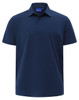 A navy blue polo shirt with a collar and short sleeves, featuring a small logo on the chest.