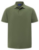 A short-sleeved polo shirt in olive green, featuring a collar and a logo on the chest.