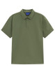 A green high-performance polo shirt with a collar and short sleeves, featuring a logo at the neckline.