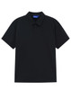 A black polo shirt with a classic collar, featuring short sleeves and a logo on the collar.