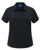 A black ladies' polo shirt with a stand-up collar, short sleeves, and a logo on the chest area.