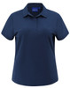 A navy high-performance polo shirt for women with a collar and short sleeves. Features a logo on the tag.