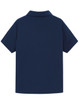 A navy blue ladies' polo shirt with short sleeves and a collar, featuring a logo on the back.