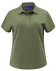A ladies' high performance polo in olive green with a collar and short sleeves, featuring a logo on the upper side.