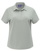 A ladies' high-performance polo in light grey with a collar and short sleeves. It features a logo on the neck.