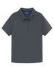 A grey high-performance polo shirt with a classic collar. It features a logo on the tag.