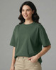 A unisex oversized tee in dark green, featuring a relaxed fit and a simple design. It has a logo.