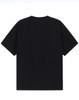 A black unisex heavy cotton oversized tee with short sleeves and a plain back. Features a logo.