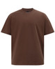 A brown oversized unisex heavy cotton tee with a relaxed fit. Features a logo on the label.