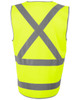 A bright yellow safety vest featuring reflective grey stripes in a cross-back design, with a tail at the bottom.