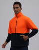 A full zip jacket in hi-vis orange and navy fleece, featuring a high collar and front pockets. It has a logo.
