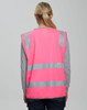 A pink high-visibility safety vest featuring reflective stripes and a back view. It includes ID and utility pockets.