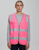 A bright pink safety zip vest featuring reflective stripes and utility pockets, with a visible logo.