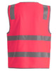 A bright red safety vest featuring grey reflective strips and utility pockets. It has a logo on the front.