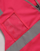 A pink hi-vis safety vest featuring reflective strips and a clear ID pocket.