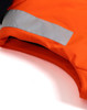 An orange unisex hi vis hooded puffer vest with a reflective silver stripe, featuring a sleek design.