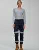 Cotton stretch drill cuffed work pants in navy blue with reflective tape, paired with a grey long-sleeve top.