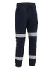 Navy blue cuffed work pants with reflective tape and pockets, featuring an elastic waistband and drawstring.
