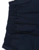 Navy cotton stretch drill cuffed work pants with elastic waistband and multiple pockets, featuring a logo.