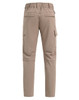 Flexi work pants in a light brown colour, featuring back and side pockets, with an elastic waistband.