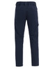 Navy blue water-repellent work pants featuring a flexible design and multiple pockets, with a branded logo.