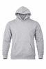 A grey hooded jumper with a front pocket and a logo on the front. Ideal for casual wear.