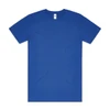 A blue t-shirt with short sleeves, featuring a simple design and a label inside the neck area.