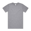 A grey t-shirt with short sleeves and a round neck, featuring a logo on the label.