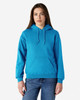 A model wearing a bright blue hooded sweatshirt with a front pocket and drawstring hood.