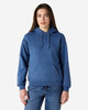 A blue Gildan Heavy Blend adult hooded sweatshirt on a model, featuring a front pocket and a drawstring hood.