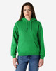 A green hooded sweatshirt with a front pocket, featuring a logo, worn by a model.