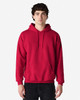 A red hooded sweatshirt with a front pocket and drawstring hood. The model is posed against a plain backdrop.